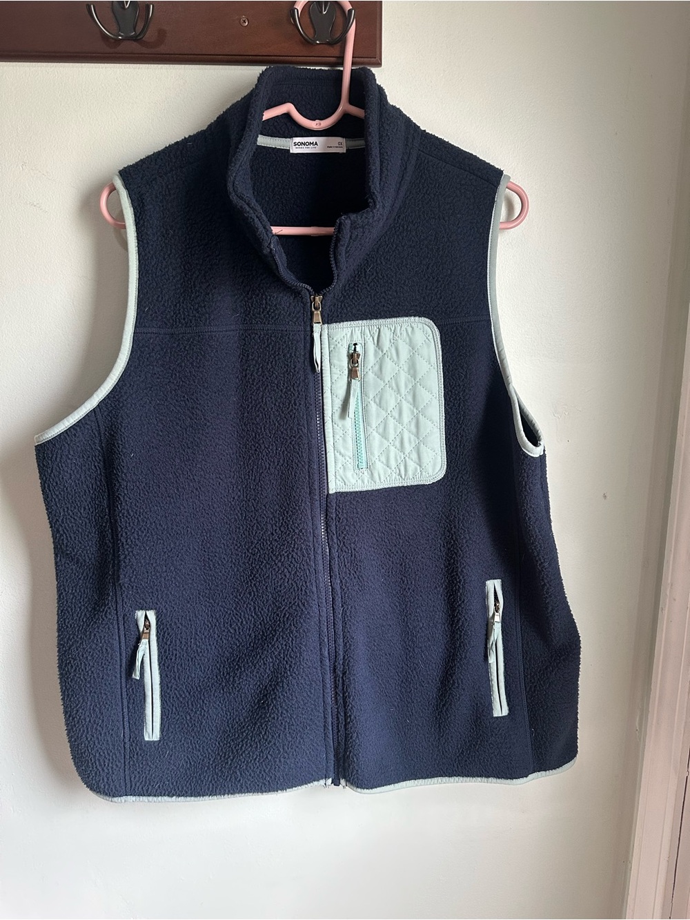 Sonoma women’s Navy Fleece Vest with Light Blue Trim